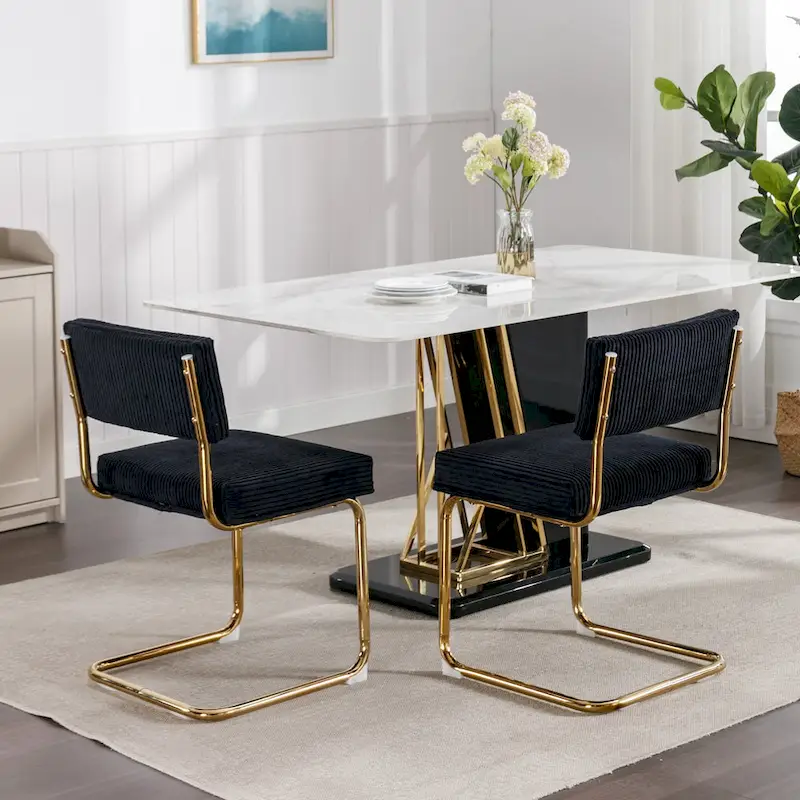 Modern Dining Chairs with Gold Metal Base, Accent Armless Kitchen Chairs with Channel Tufting,Set of 2