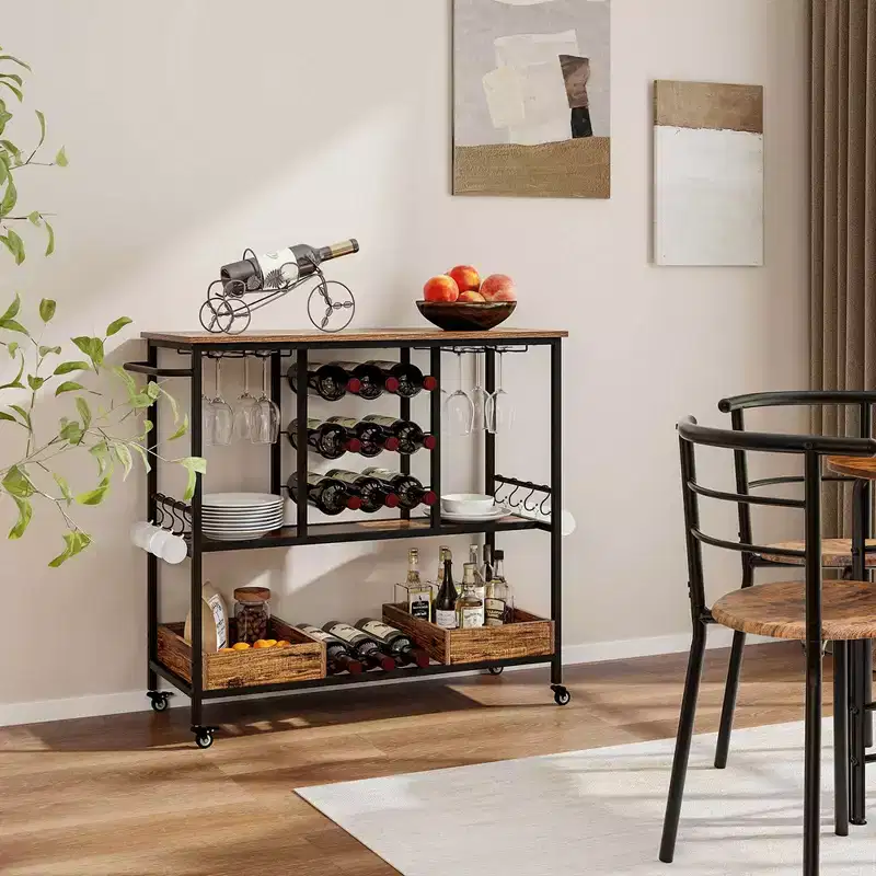 Costway 3 Tiers Bar Cart Home Serving Cart on Wheels with Glass Racks Wine Holders Rustic Brown/Vintage Brown