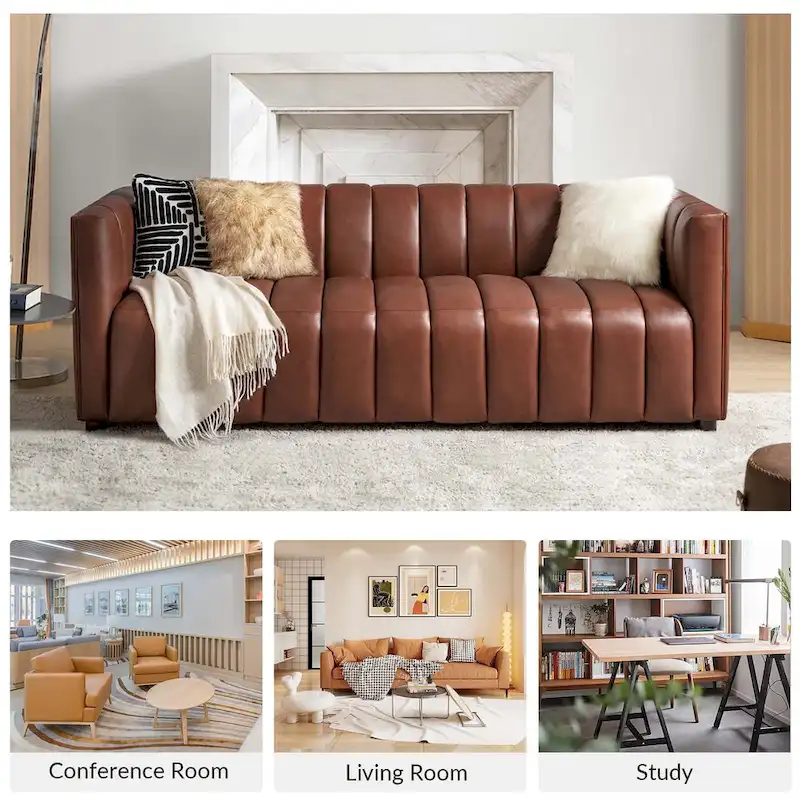 Modern Camel 83-Inch Genuine Leather Curved Couch with Channel Back