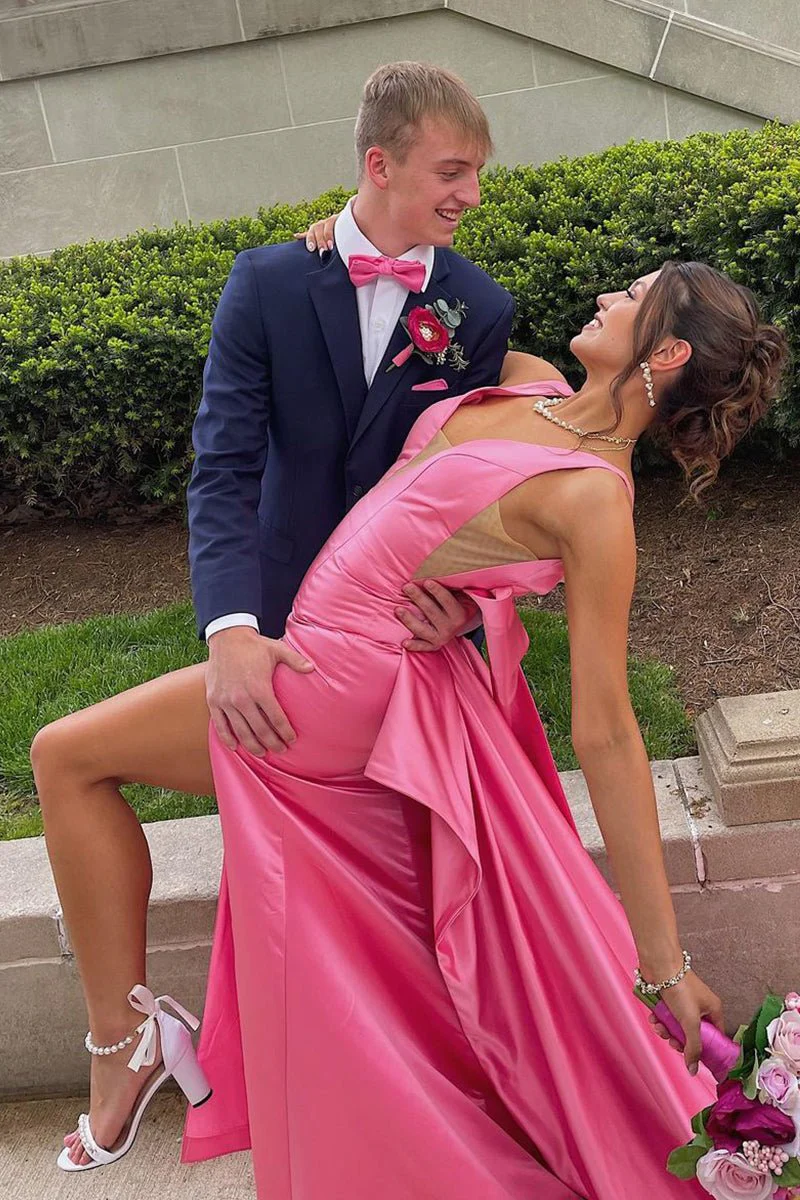 Cute Mermaid V Neck Pink Satin Long Prom Dresses with Big Bow