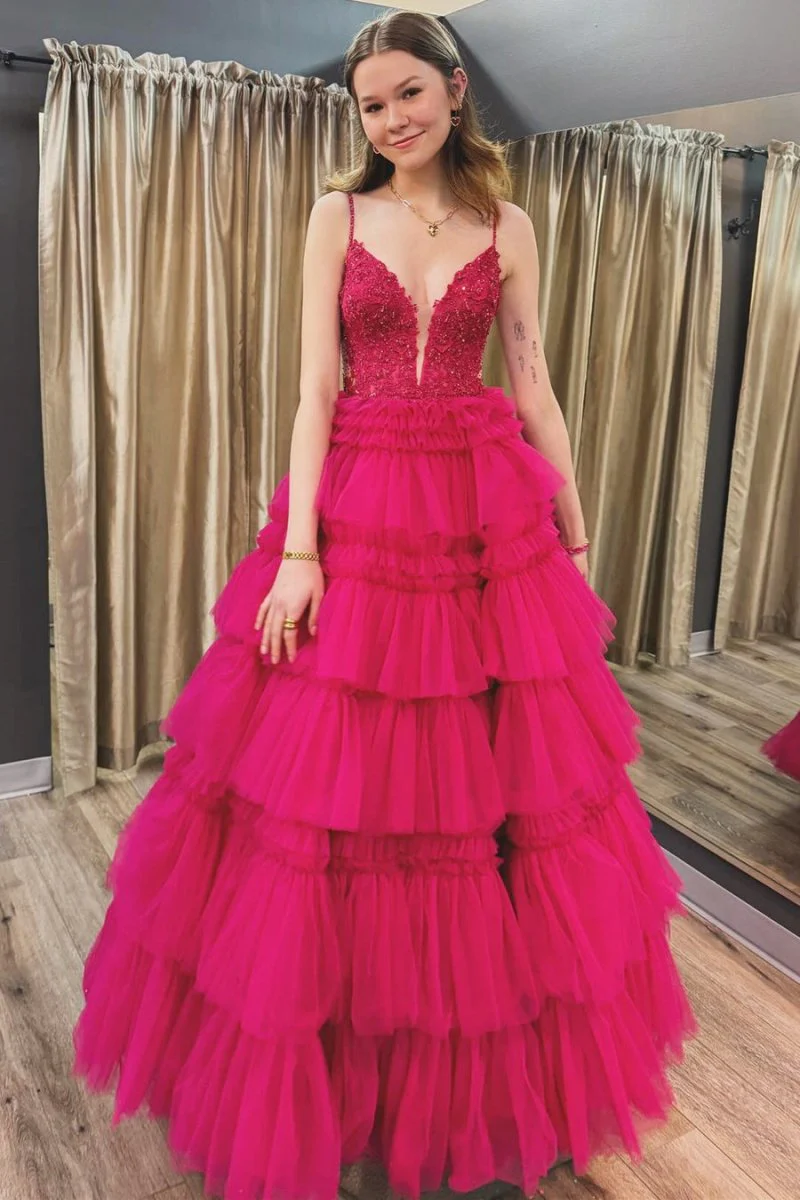 Black Beaded Spaghetti Strap Ruffle Tiered Ball Gown