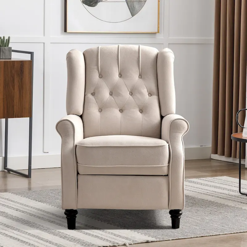 Push Back Recliner with Tufted Back and Wooden Legs