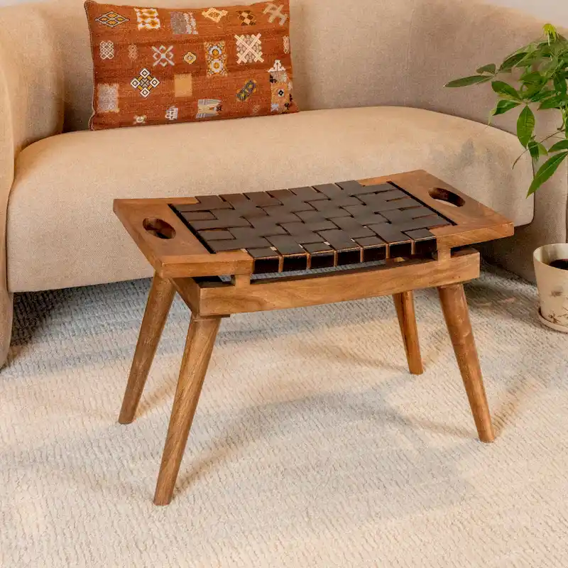 Mango Wood Stool with Woven Leather Top
