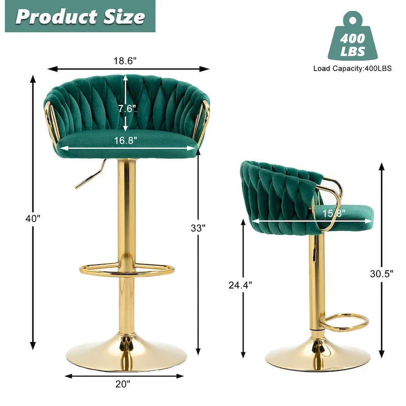 Set of 2 Bar Stool Adjustable Height Swivel Velvet Woven