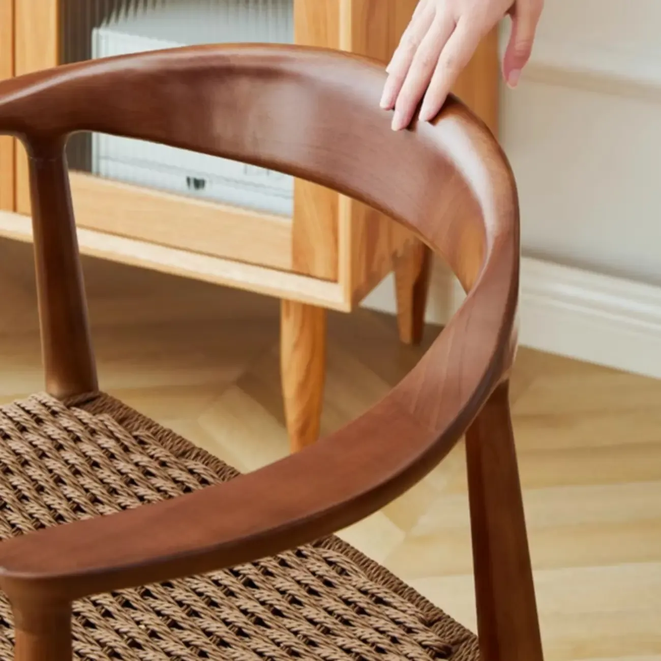 Scandinavian Curved Wood Woven Seat Armrest Dining Chair