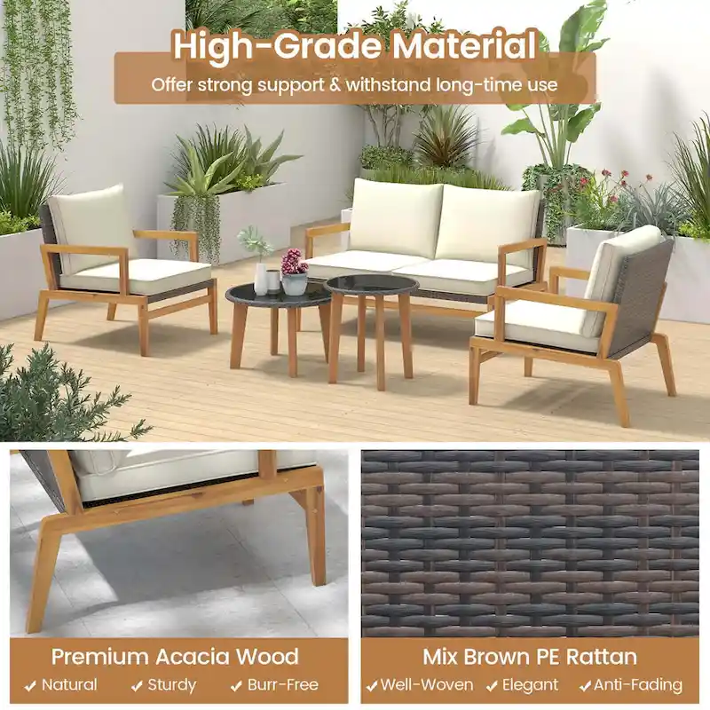 Costway 5 Piece Rattan Furniture Set Wicker Woven Sofa Set with Solid - See Details