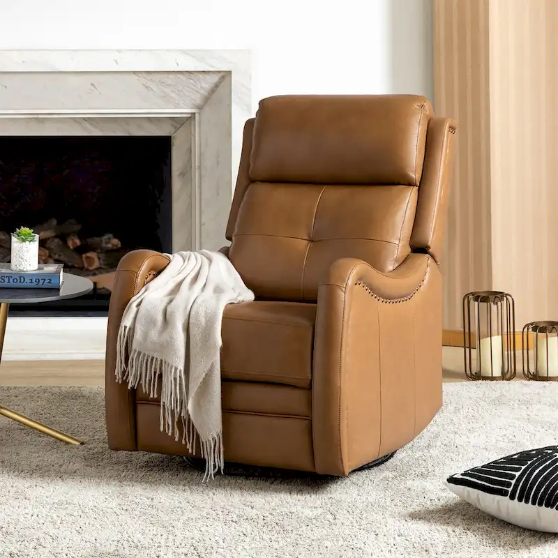 FrancoModern Genuine Leather Swivel Rocker Recliner with Nailhead Trims by HULALA HOME