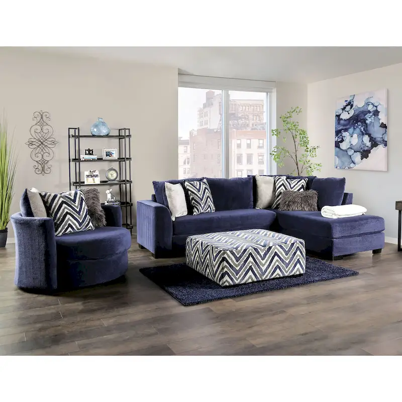 Transitional Navy Microfiber Padded 2-Piece Sectional and Chair Set