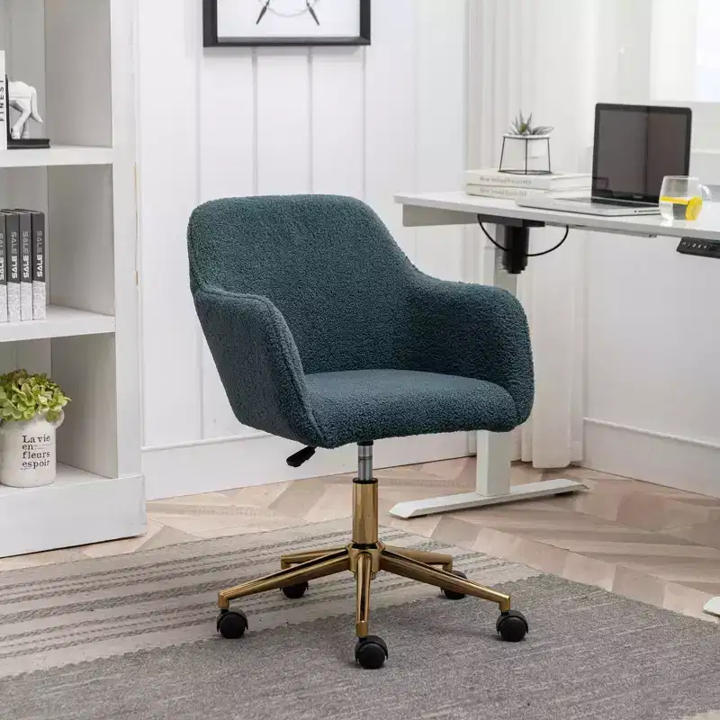 MAYEERTY 360 Revolving Teddy Fabric Home Office Chair, Height Adjustable with Gold Legs & Universal Wheels