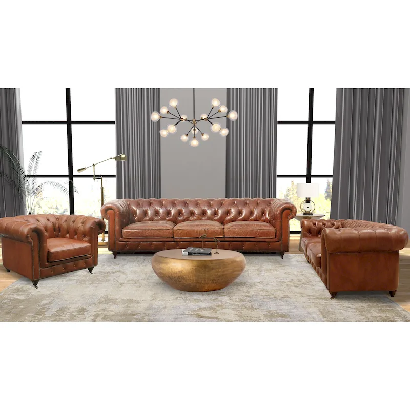 Pasargad Home Paris Club Chesterfield Tufted Sofa, Brown - 28.7 H x 97.2 W x 39 D
