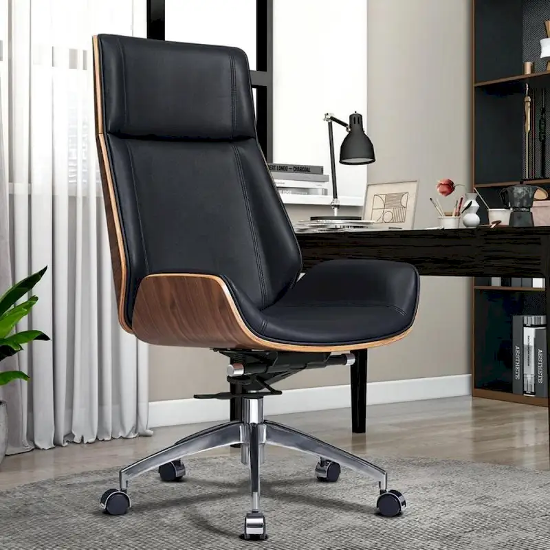Genuine Leather High Back Executive Office Chair in Solid Walnut Wood