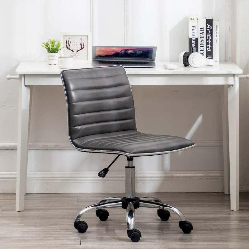 Grey Mid-Back Armless Swivel Chair, Faux Leather, 1-Person