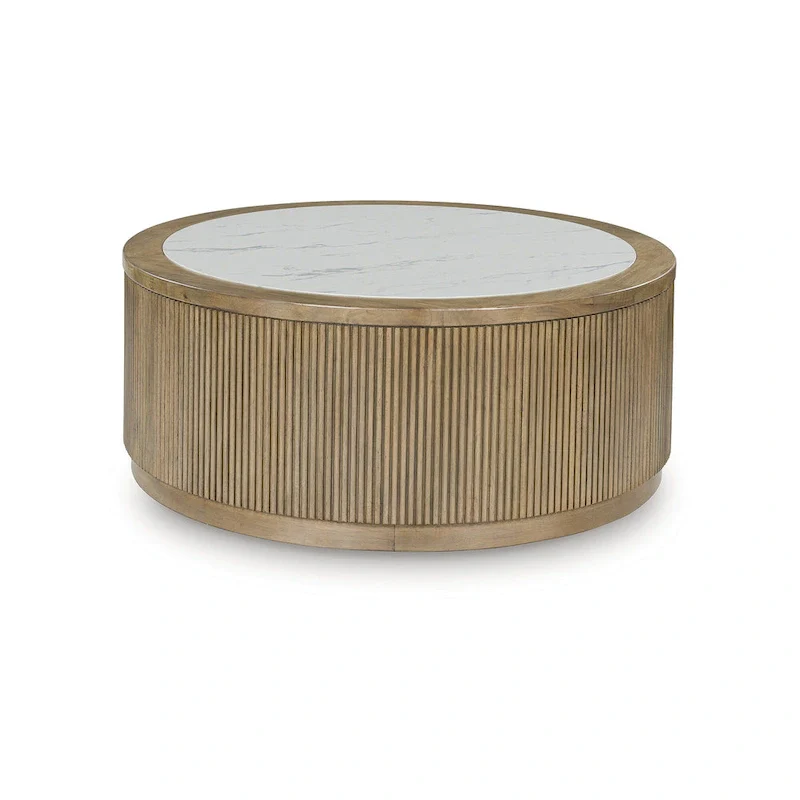 Light Brown/White Round Coffee Table with Casters, 1–2 Person