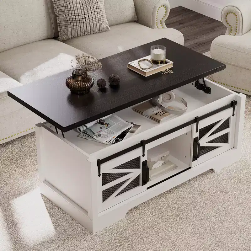 47.2 in Farmhouse Rustic Lift Top Coffee Table, Multifunction Center Table with Sliding Barn Door, Lifting Table Top & Adjustable Shelf