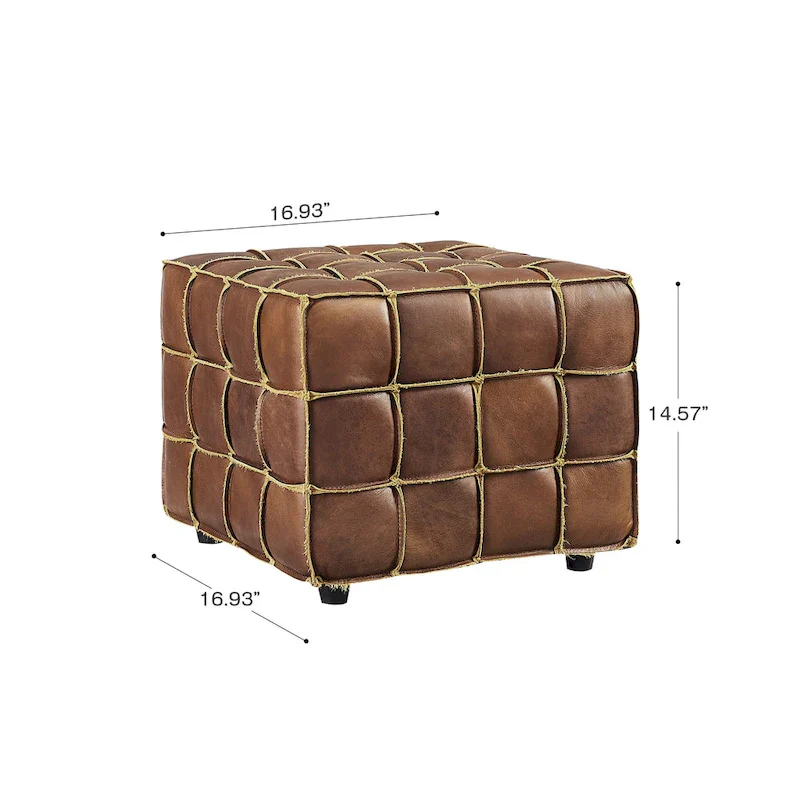 Art Leon Top Grain Leather Square Pouf Ottoman