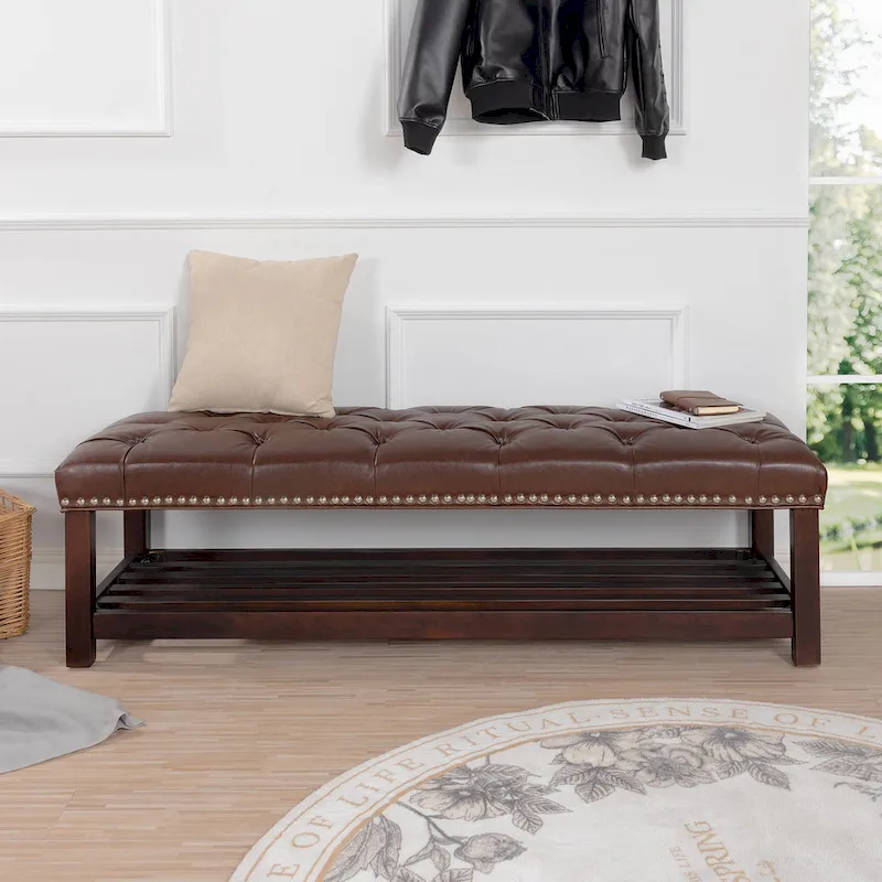Tufted Upholstered End of Bed Bench with Nailhead Trim and Storage Shelf