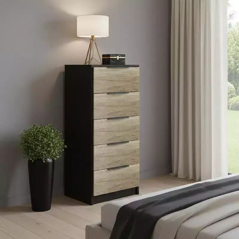 HomeRoots 42 Black And Light Oak Manufactured Wood Five Drawer Chest