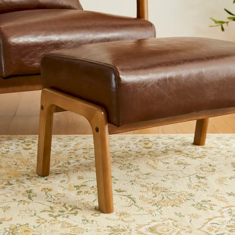 Brown Mid-Century Faux Leather Ottoman Accent Stool, Set of 2