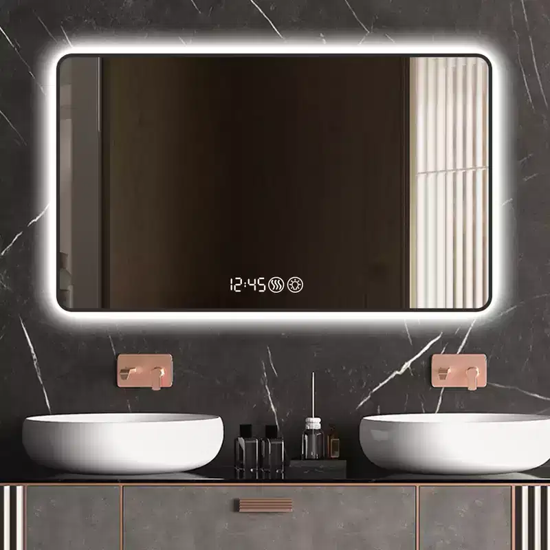 48x32 Black Frame Wall Mirror: Rounded Corners, Temperature Display, Tri-Color Light, Defogging, High-Def Tempered Glass