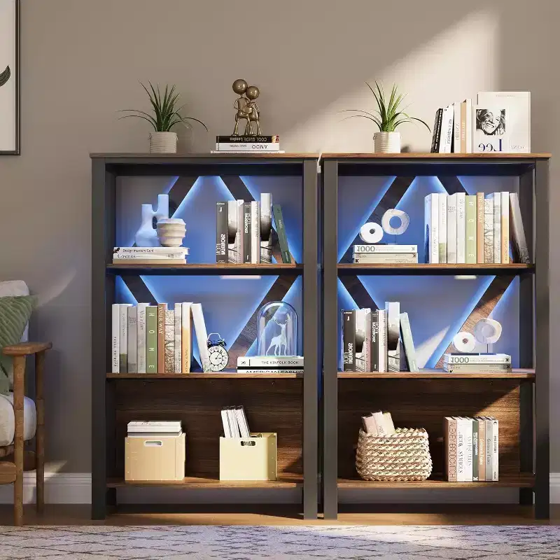 Bookshelf with Adjustable LED Lights - Industrial Rustic Metal Frame Bookcase with Open Shelves, Small Low Book Shelf for Home Office, Bedroom