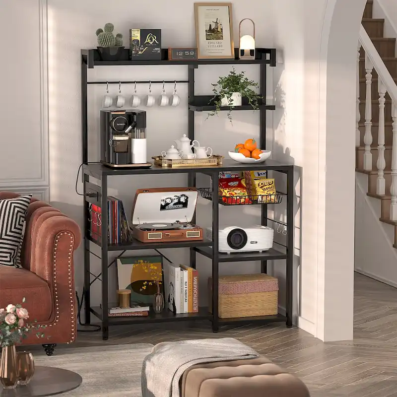 Bakers Rack with Power Outlet and LED Light Strings, Kitchen Storage Shelf