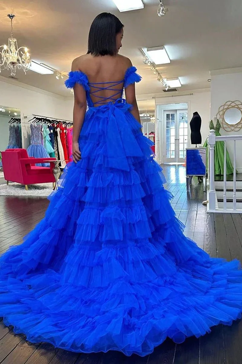 Royal Blue Off the Shoulder Ruffle Tiered Tulle Long Prom Dresses with Slit