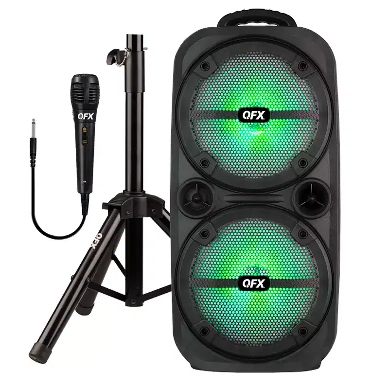 QFX Portable Bluetooth True Wireless Speaker with LEDs, Microphone, and Stand, Black, PBX-8008SM