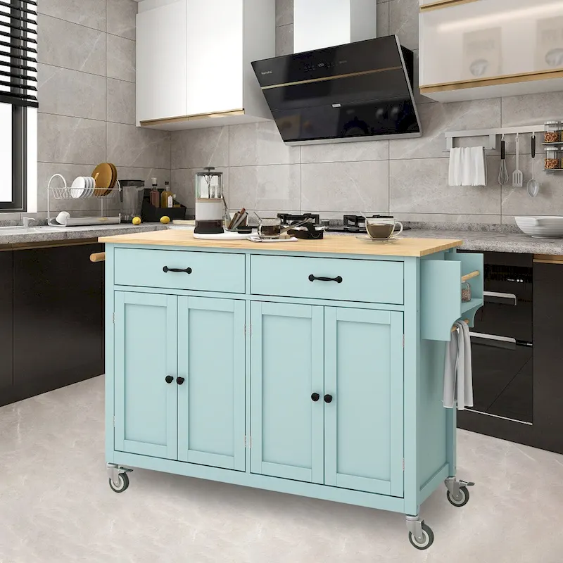 Kitchen Island Cart, Solid Wood Top, 4-Color Options