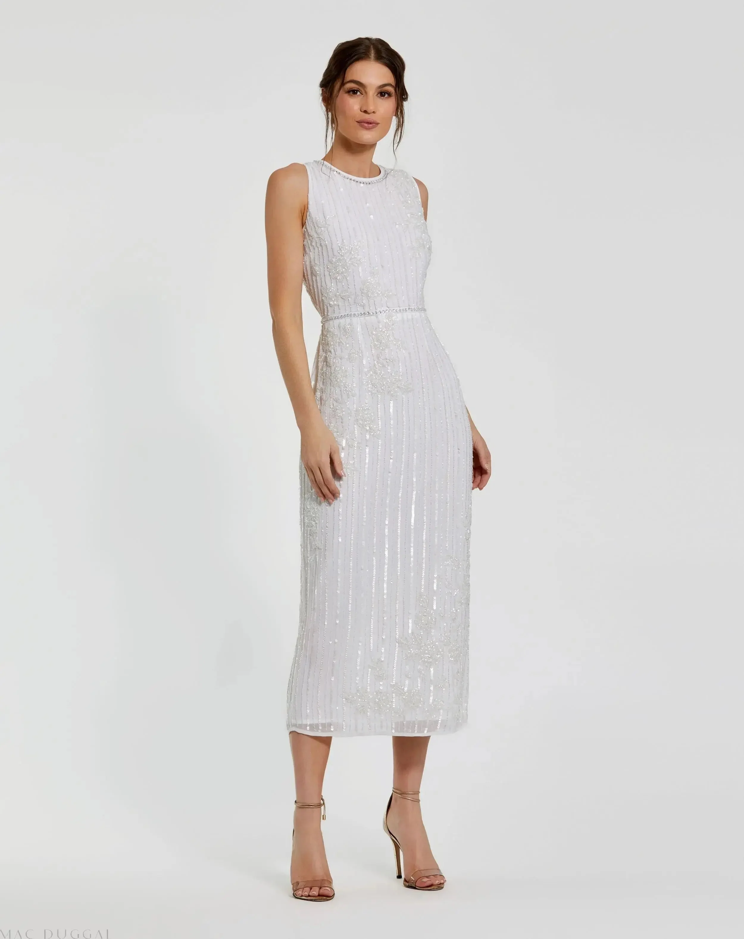 White Striped Floral Embellished Sleeveless Midi Dress