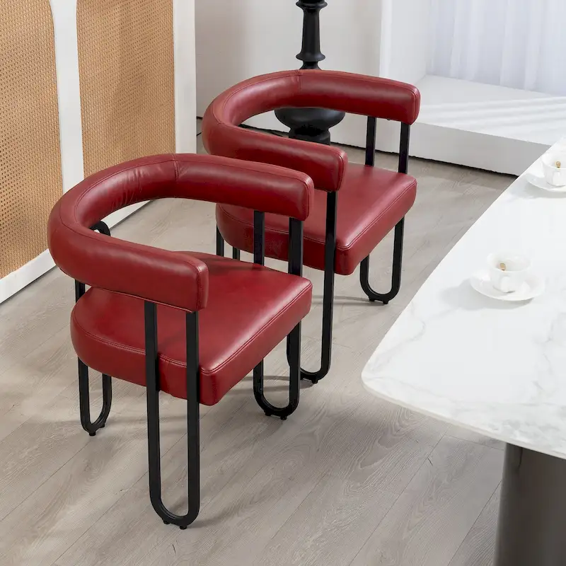 Contemporary PU Dining Chair set of 2, Barrel Chair with Matte Black Metal Legs and Round Thickened Cushion