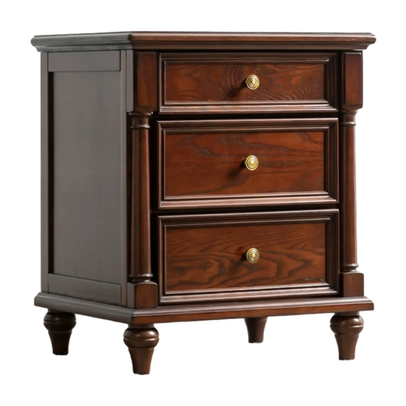 Traditional Ash Wood Nut-Brown 3-Drawer Bedroom Nightstand
