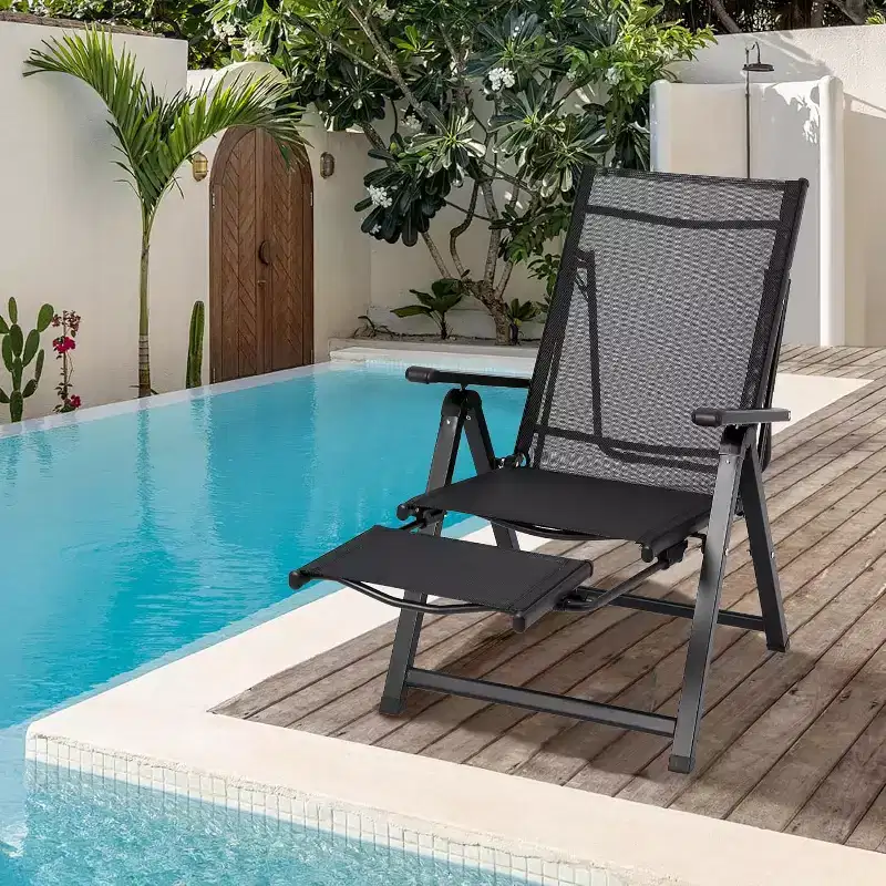 Acekool Outdoor Patio Folding Lounge Chair, Adjustable Reclining, Textilene Mesh, Armrests, Footrest, Black