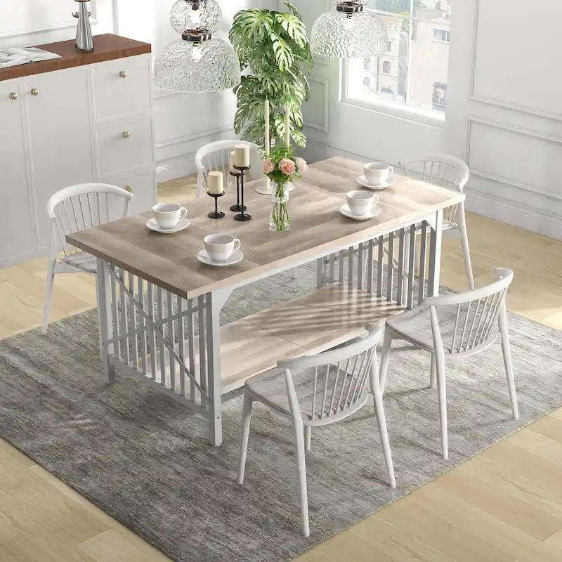 70-Inch Large Kitchen Dining Table for 6-8 People, Farmhouse Industrial Kitchen Table with Storage Shelf