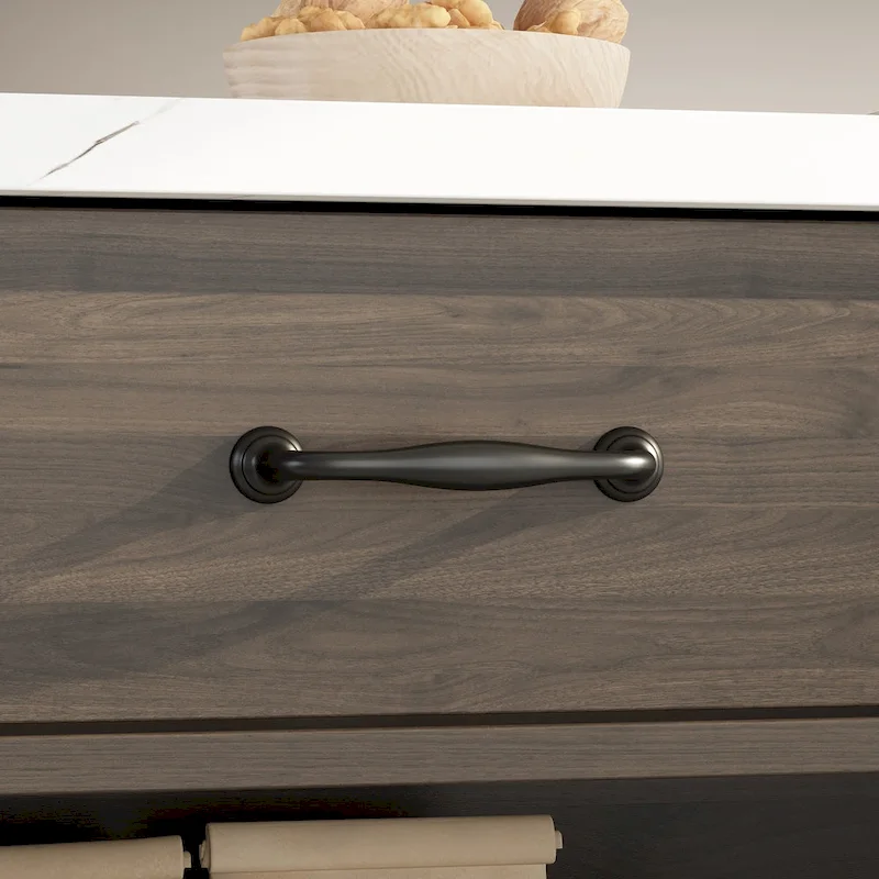 Brown Kitchen Island Cabinet with Drawers and Open Shelves