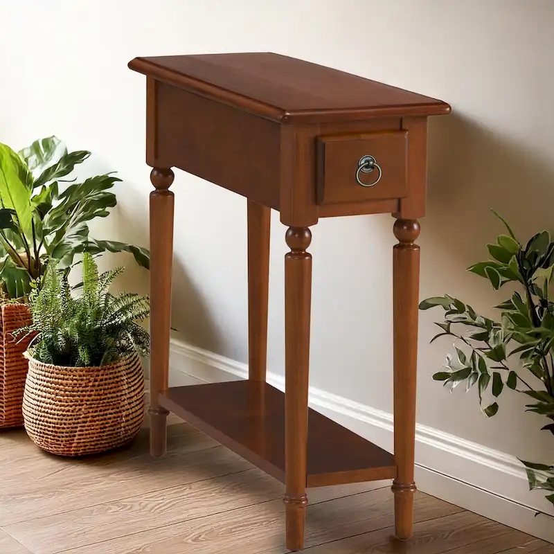 White Wood Narrow Side Table with Drawer and Shelf