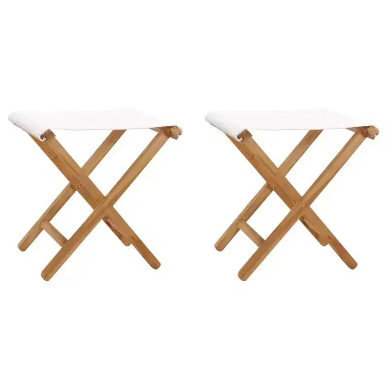 vidaXL Folding Chairs 2 Pcs Patio Stool for Camping Solid Wood Teak and Fabric