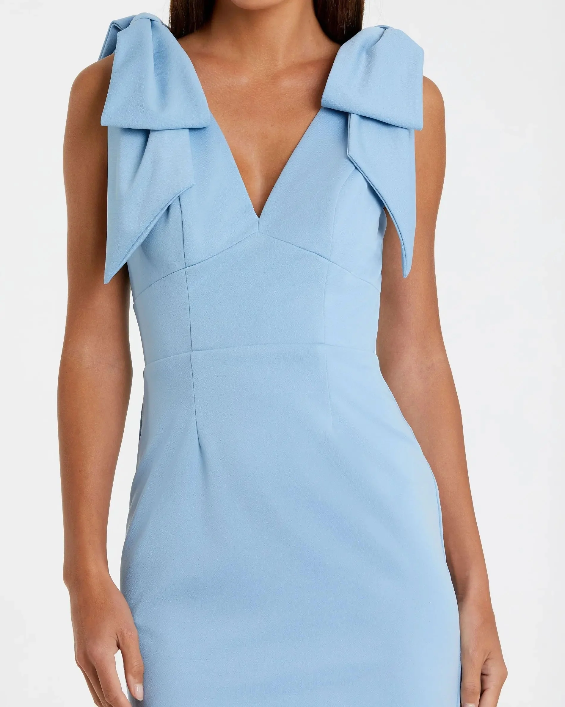 Blue Bow Strap Crepe Fitted Midi Dress