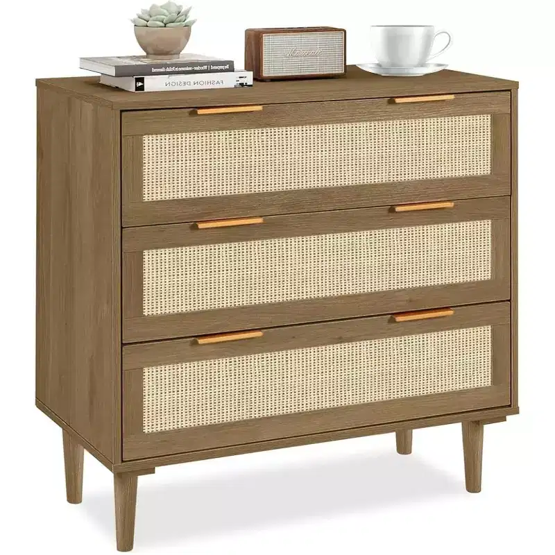 TYBOATLE Rattan Dresser, 3 Drawer Chest with Boho Cane Details, Mid-Century Modern Storage Organizer for Bedroom, Living Room