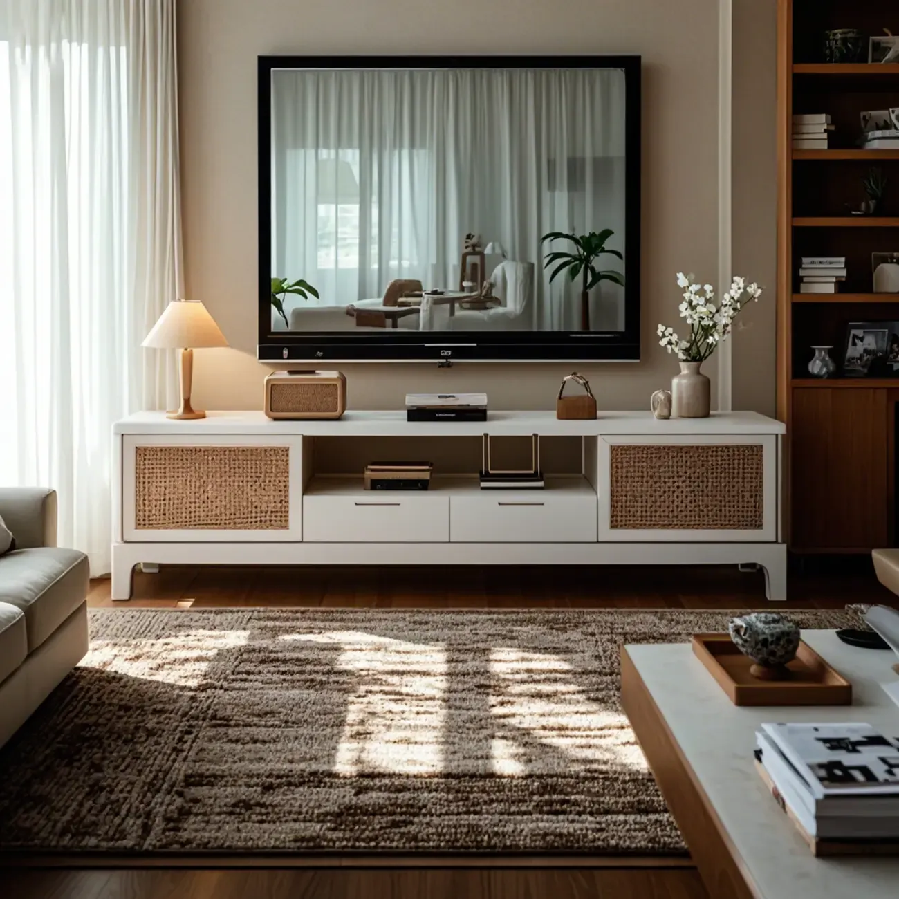 Bohemian White Wood Rattan Mesh TV Stand with Storage