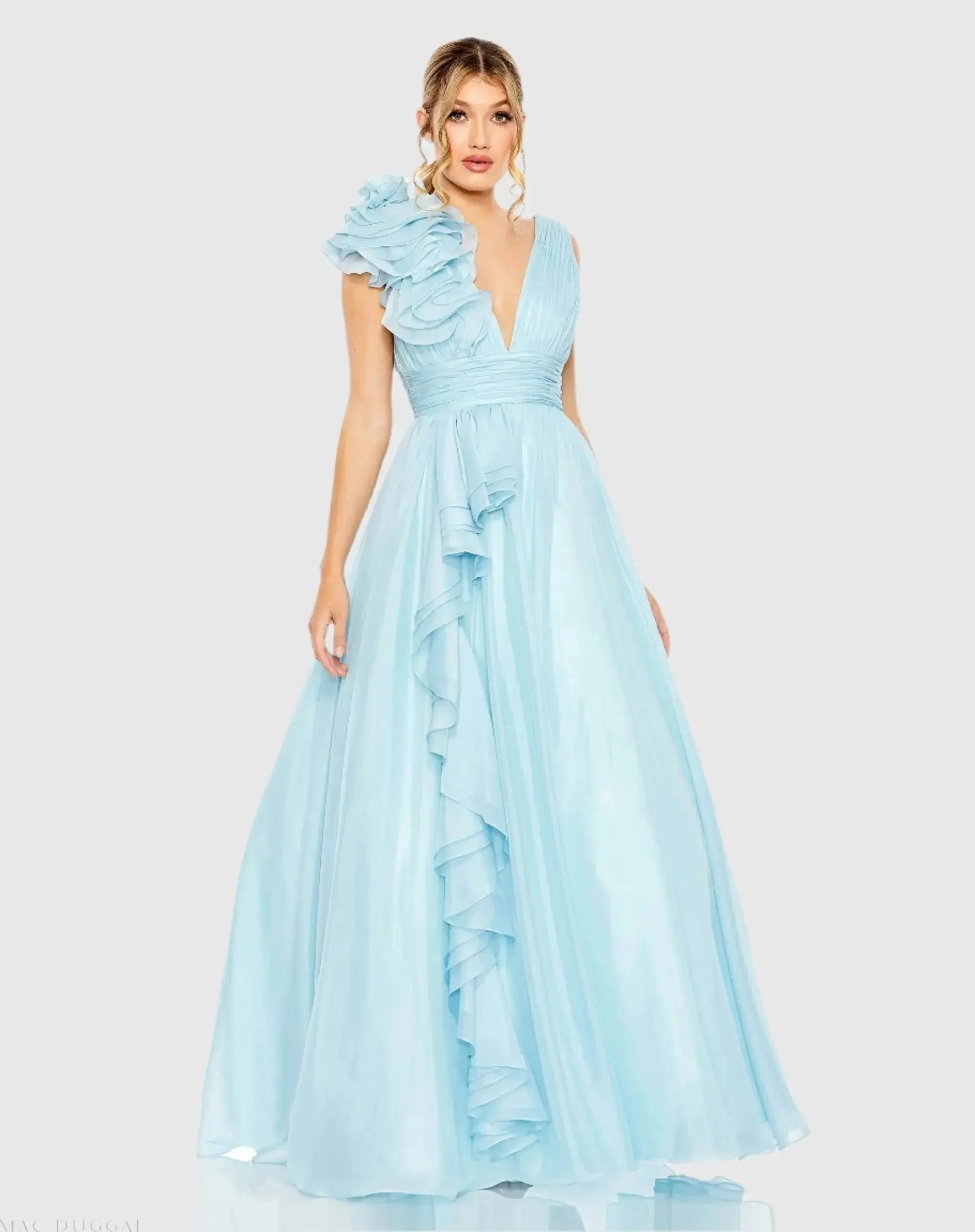 Light Blue Ruffle Shoulder V-Neck Chiffon Gown