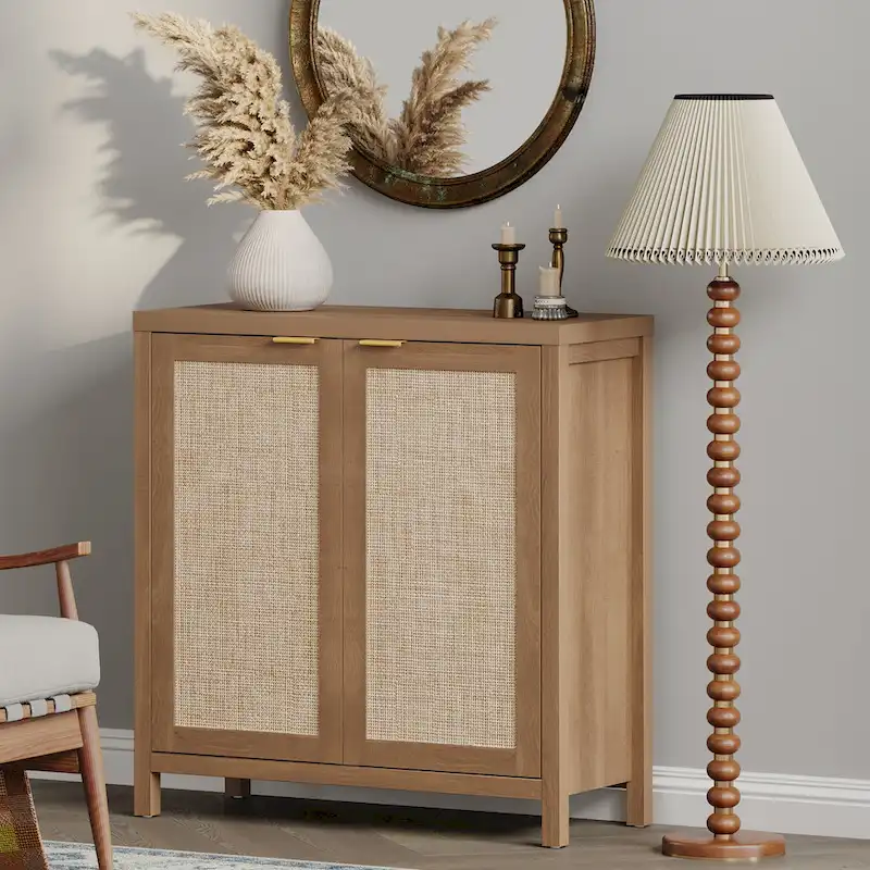 Beige / Oak / Black Rattan 2-Door Sideboard Buffet Cabinet