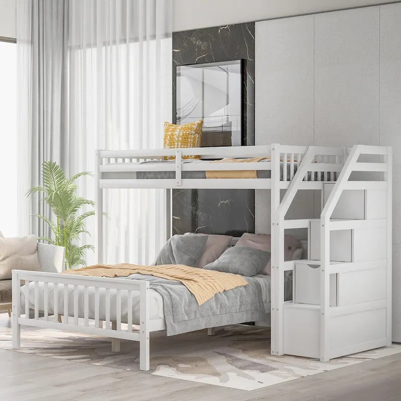 Twin Over Full Loft Beds, Bunk Beds Twin Over Full with Stairway and Storage, Full-Length Guardrail