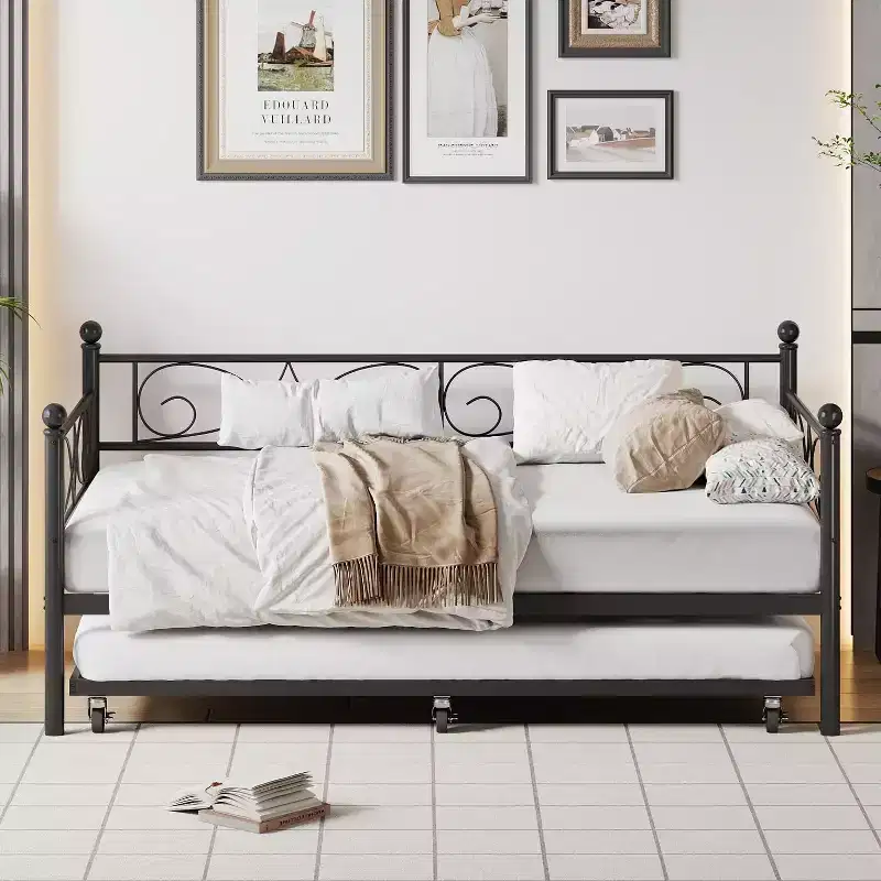 Twin Daybed with Trundle, Metal Sofa Bed Frame - Heavy Duty, Space-Saving