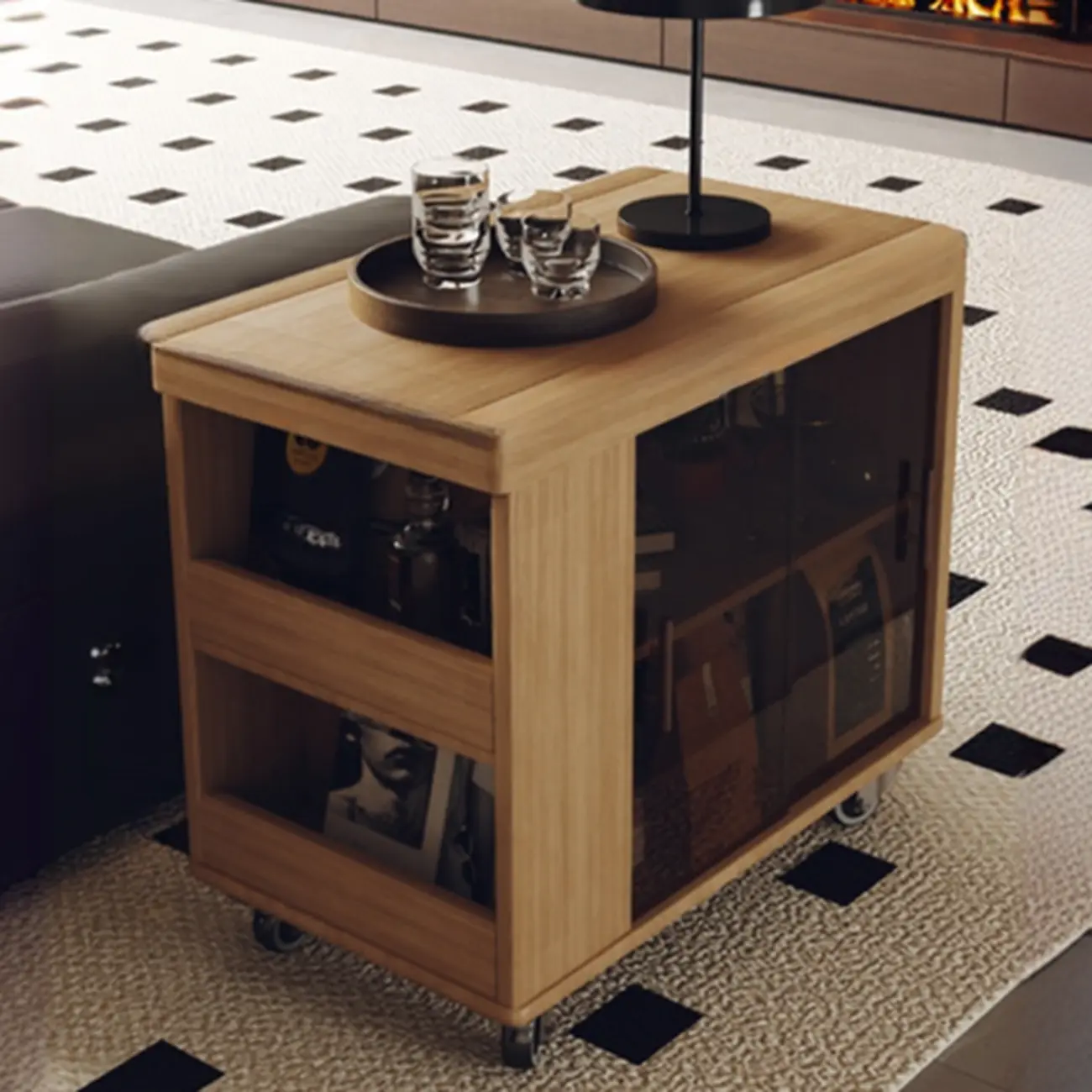 Modern Folding Table Top Wood Mobile Side Table with Wheels