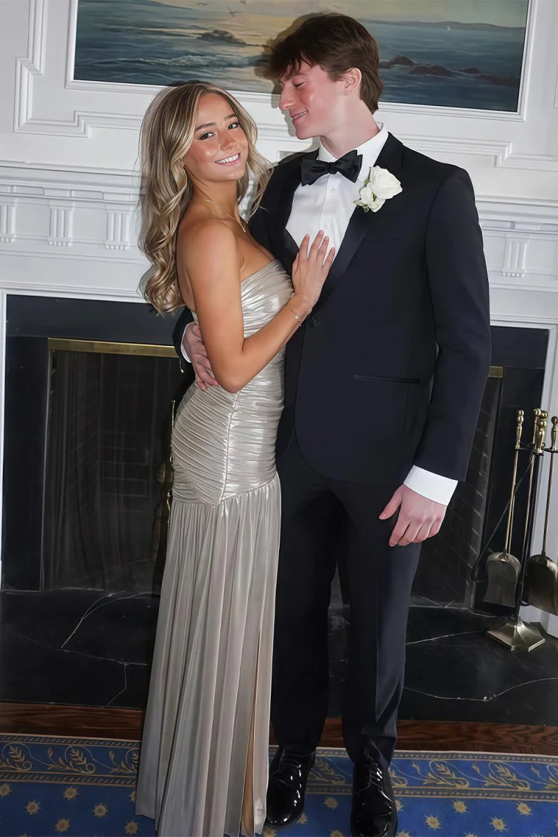 Champagne Mermaid Strapless Metallic Long Prom Dresses with Pleats