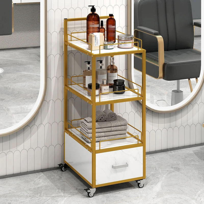 Beauty Salon Storage Trolley Cart,with Lockable Rolling Wheels,Metal Frame Marbled Board,Drawer Barber Salon Furniture