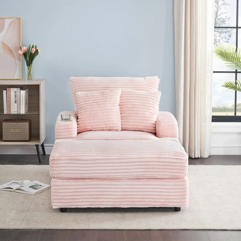 Pink Corduroy Upholstered Single Armchair Sofa with Ottoman and Cup Holder