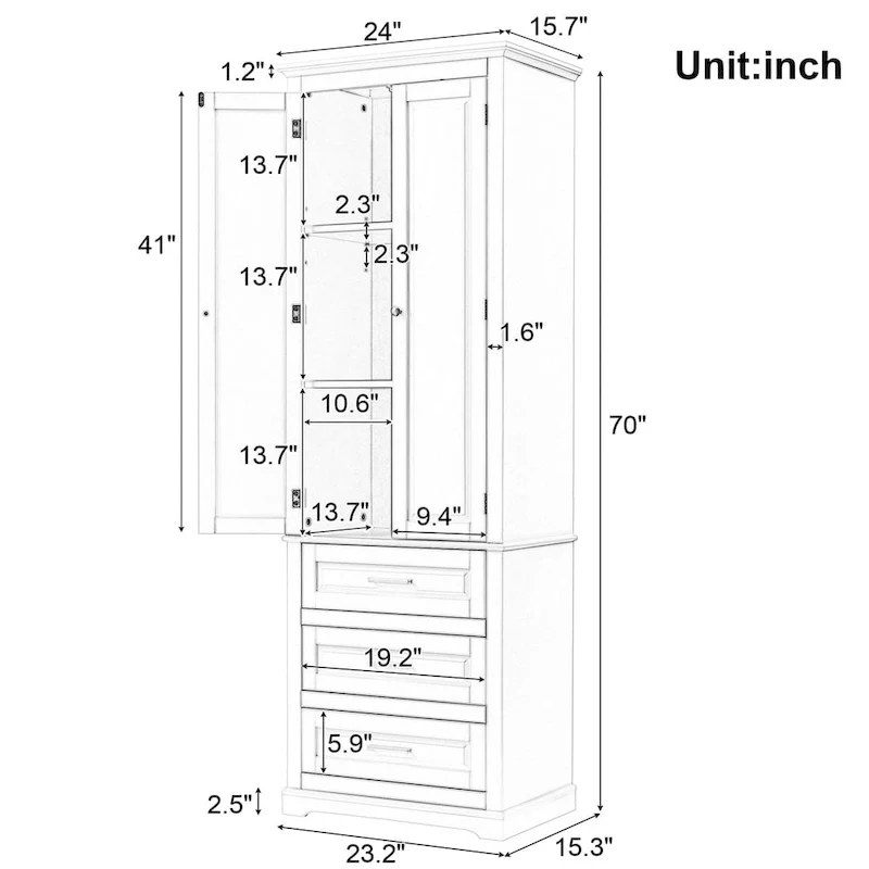 Tall Storage Cabinet with Three Drawers for Bathroom/Office