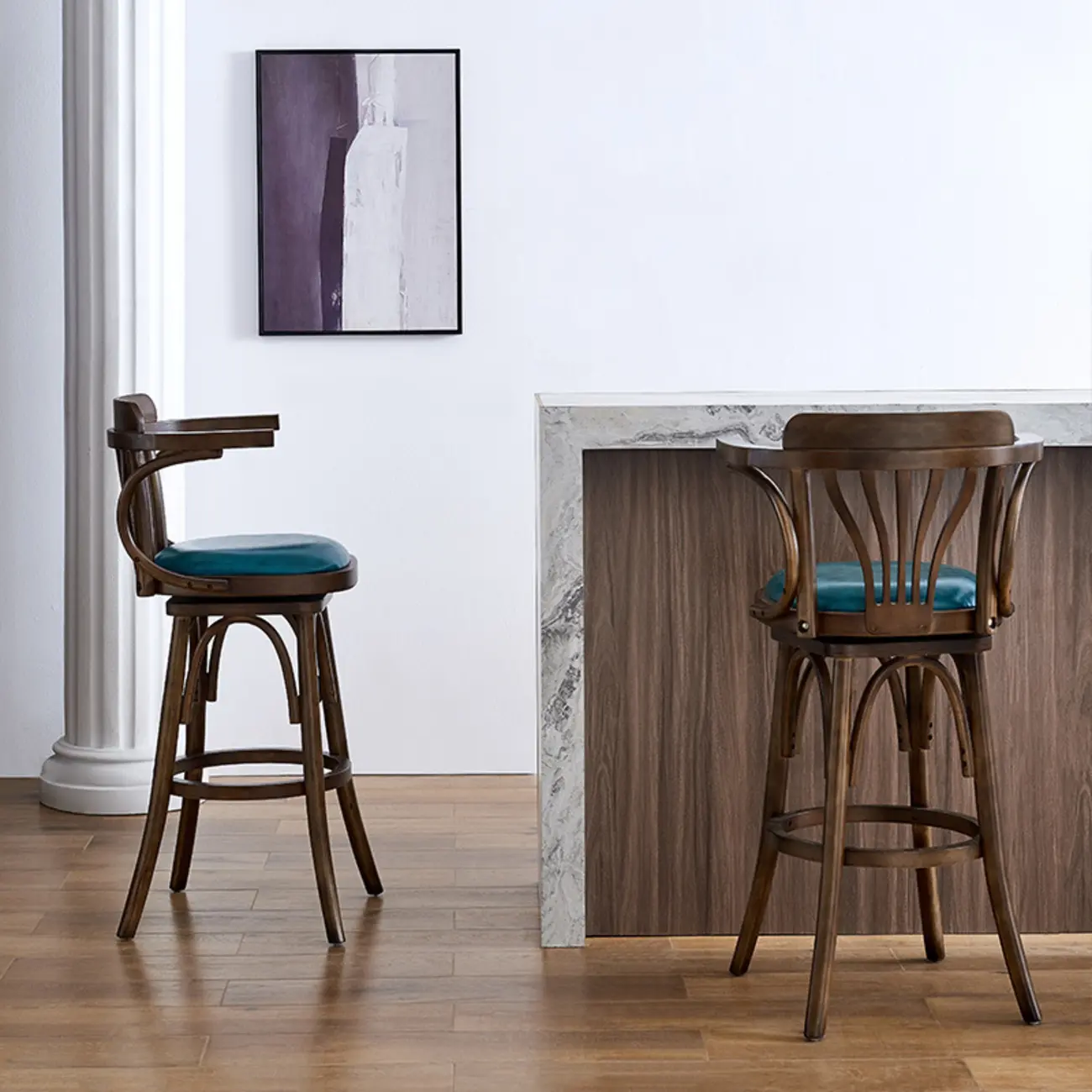 Antique Blue Leather Upholstered Rotatable Bar Stool