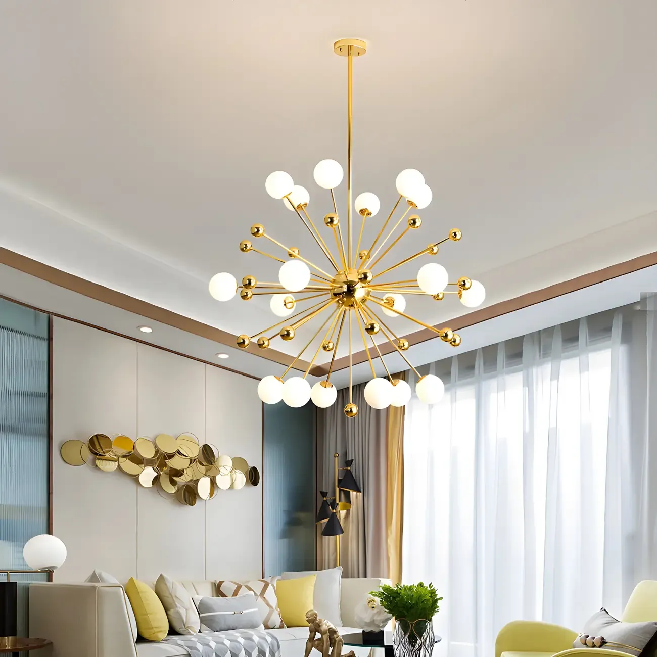 Modern Gold Sphere Sputnik Chandelier with White Glass Shade